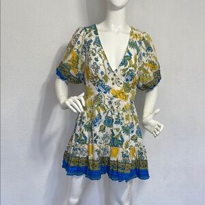 Flying tomato Floral V-Neck Dress with Blue and Yellow Accents size L